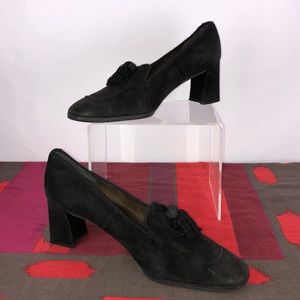 Stuart Weitzman Black Suede Tassel Block Heels